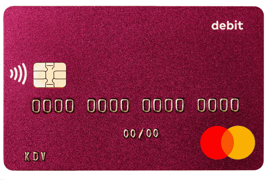 Red contactless debit card with chip and Mastercard logo